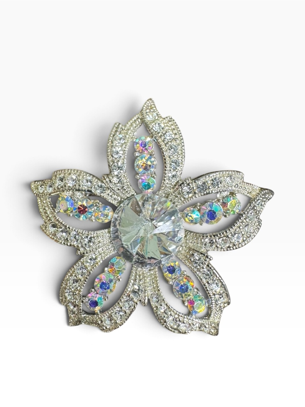 Vintage Silver Floral Brooch with Aurora Borealis Crystals